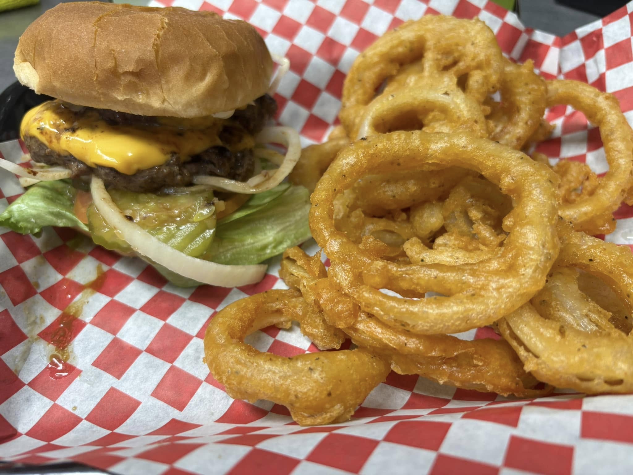 Anchor Up Club & Grill burger and beer on patio