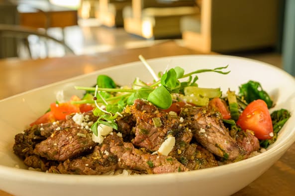 The Barn Grill burger with onion rings